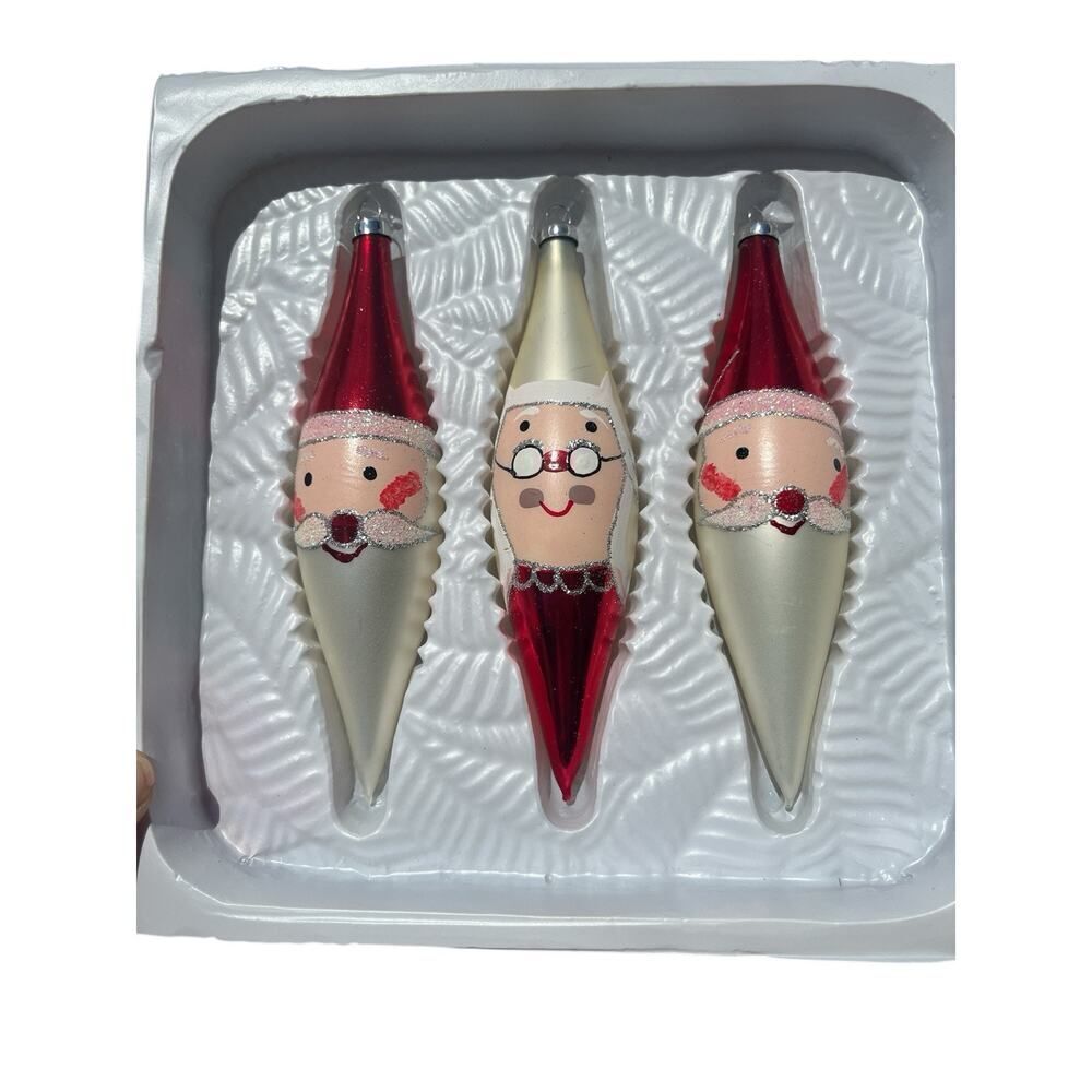 Vintage Handcrafted Glass Ornaments S/3 Santa Mrs Claus Made In Mexico Sears &